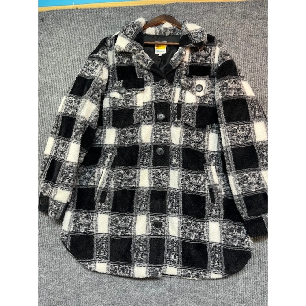 C&C California Womens Black White Plaid Faux Fur Shacket Jacket Large L Buffalo
